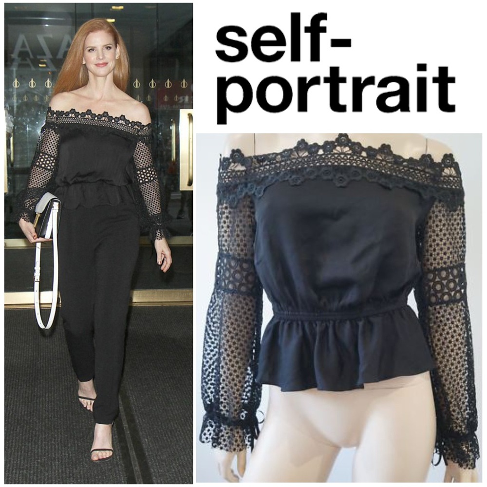 NWT Self-Portrait Black Lace Off-Shoulder Blouse in Black